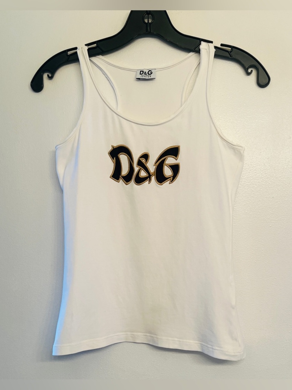 Dolce & Gabbana Junior Y2K racerback top black and gold embroidered D&G logo.S